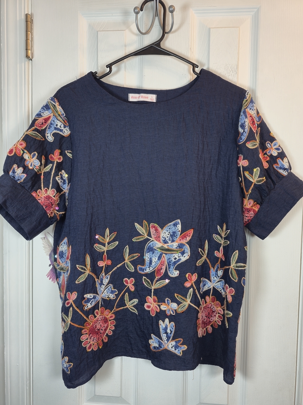 Ana & Rose Navy Blue Embroidered Floral Sequin Blouse Top Large